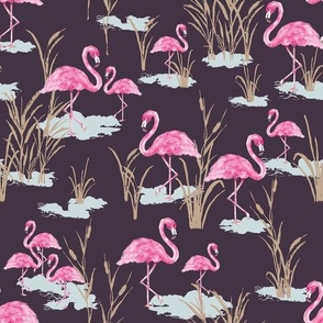 Watercolour Flamingos With Water Reeds Plum Purple Medium