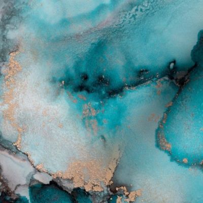 Abstract Turquoise  Gold Ocean Vibes Ink Painting Texture Smaller Scale