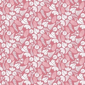 White leaves and fauna on red in ditsy print