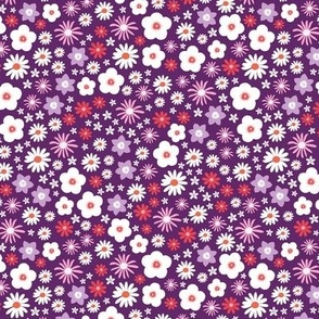 Ditsy flower summer blossom mix of wild flower daisies floral lilac pink on purple