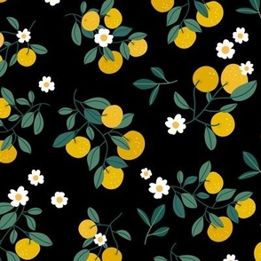 Citrus flower garden - italian lemons and flowers botanical fruit branches green orange on deep black