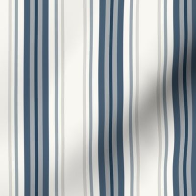 small farmhouse ticking stripes, navy blue and gray on cream