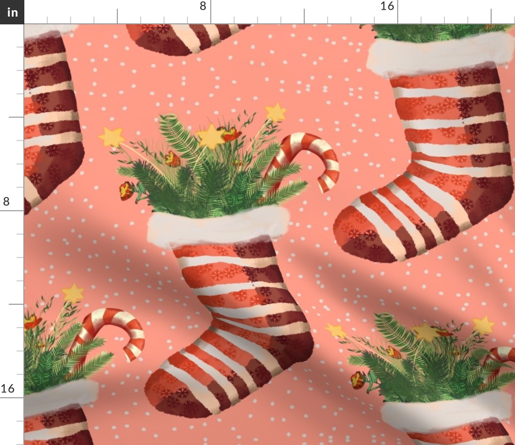 Santas Stockings in red on pink - large scale