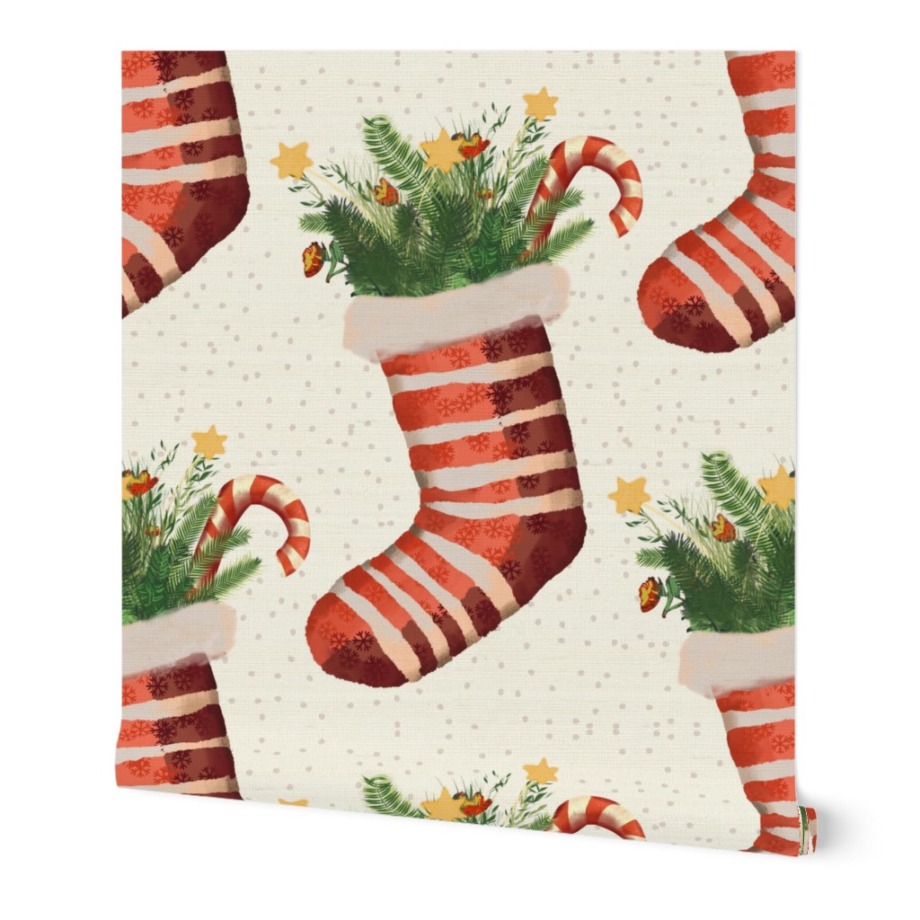 Santas Stockings in red on natural white - extra large scale