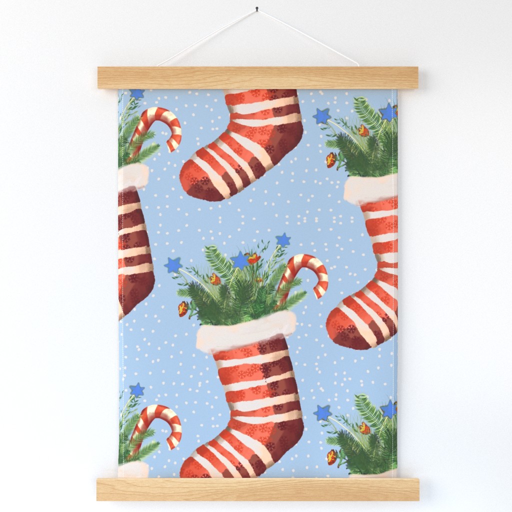 Santas Stockings in red on sky blue - large scale