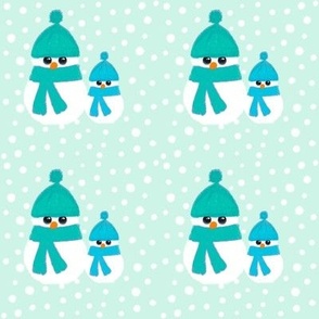 Shy snowmen in green and turquoise on aqua