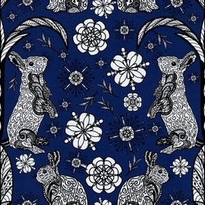 Handdrawn doodled line drawn rabbit damask in dark blue linen small