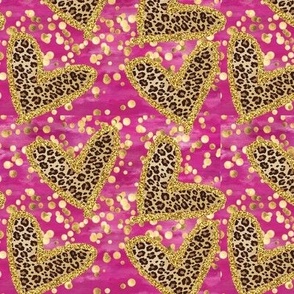 Valentine’s Day Cheetah Hearts on deep pink gold foil dots 