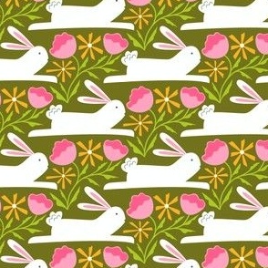 Olive Green Bunny Print - Blush Pink Floral Accents