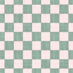 Textured Check - Small Scale - Pink and Sage Geen - Linen Ikat fabric texture Checkers Checkerboard