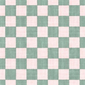 Textured Check - Medium Scale - Pink and Sage Geen - Linen Ikat fabric texture Checkers Checkerboard