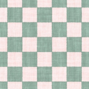 Textured Check - Large Scale - Pink and Sage Geen - Linen Ikat fabric texture Checkers Checkerboard