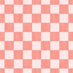 Textured Check - Medium Scale - Coral and Light Pink - Linen Ikat fabric texture Checkers Checkerboard