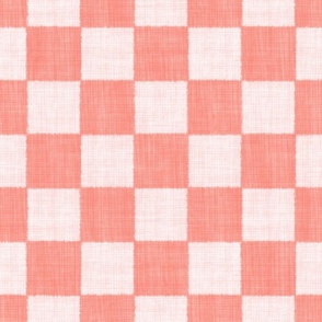 Textured Check - Large Scale - Coral and Light Pink - Linen Ikat fabric texture Checkers Checkerboard