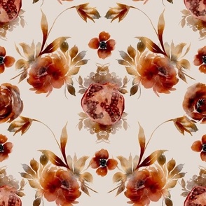Victorian Watercolor Fruit and Floral Pomegranate Damask Red and Beige