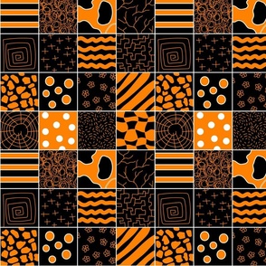 Doodled checkers squares  Halloween palette orange black and white