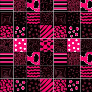 Doodled Checkers squares magenta black and white