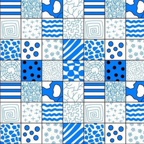 Doodled Checkers squares blue black and white