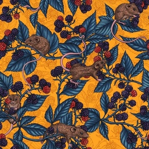 Mice and blackberries with blue leaves on yellow