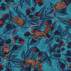 Mice and blackberries on dark green