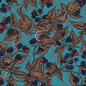 Mice and blackberries on lagoon blue