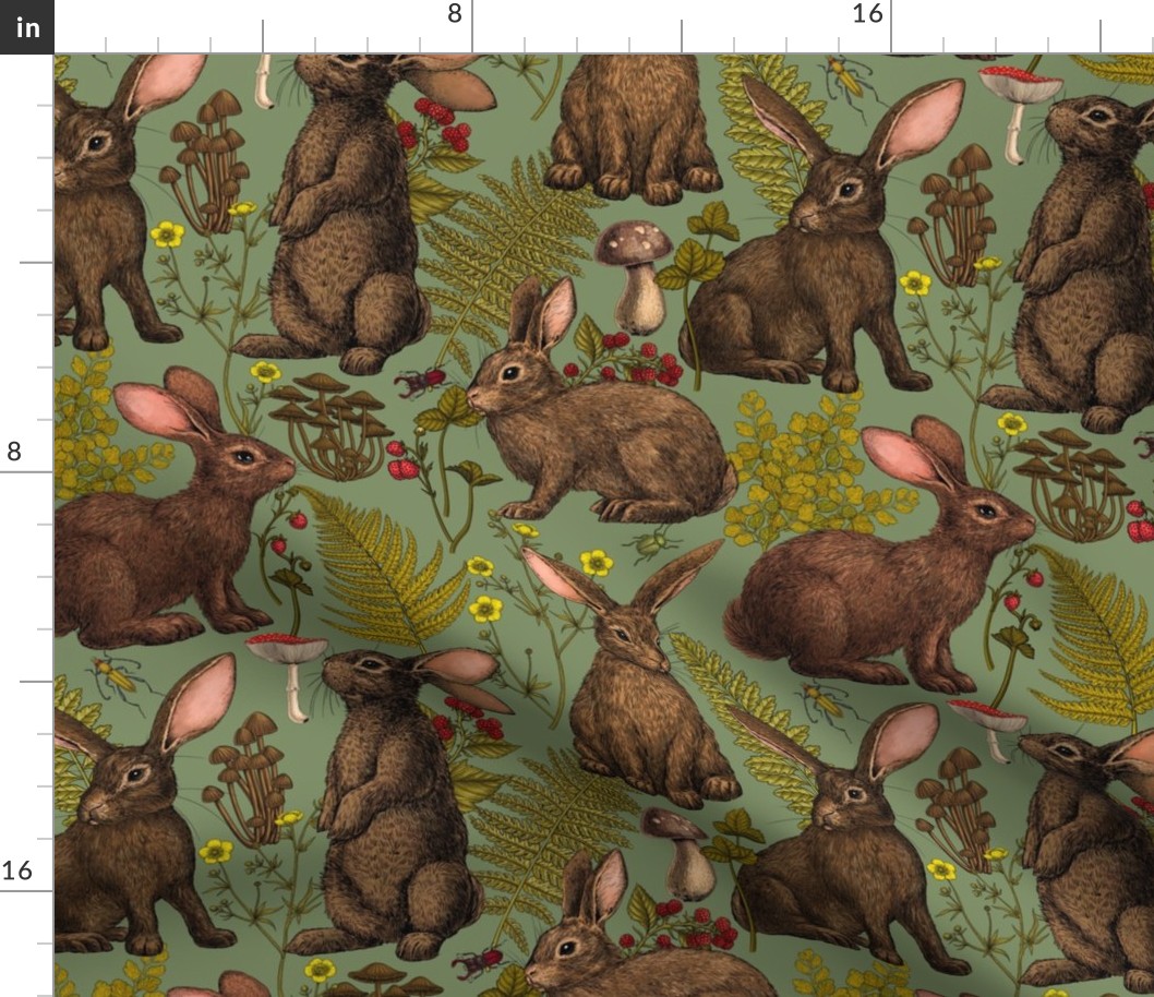 Rabbits and woodland flora on sage Fabric | Spoonflower