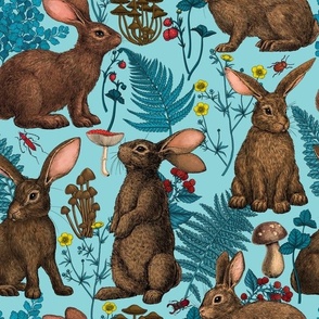 Rabbits and woodland flora on pool blue