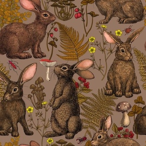 Rabbits and woodland flora on mocha brown