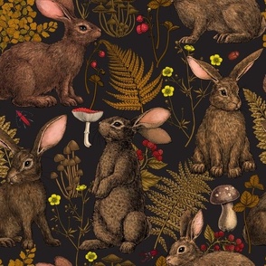 Rabbits and woodland flora on black