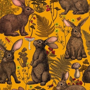 Rabbits and woodland flora on marigold yellow