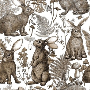Rabbits and woodland flora, monochrome sepia