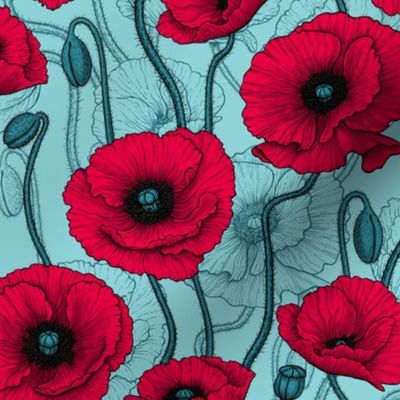 Red Poppies on pool blue