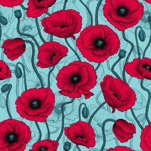 Red Poppies on pool blue