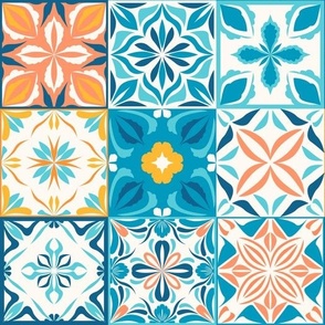 Kitchen tiles, blue, orange, yellow and off white, normal size 10"