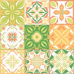 Kitchen tiles in green, orange, yellow and off white