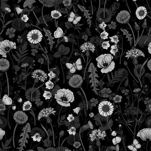 Wild flowers, poppies, cornflowers, daisies and more, monochrome on black