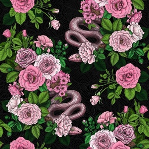 Hidden in the roses, pink and green on black 18"