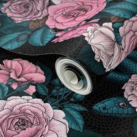 Hidden in the roses, pink and blue  on black, 18"