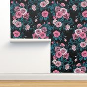 Hidden in the roses, pink and blue  on black, 18"