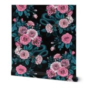 Hidden in the roses, pink and blue  on black, 18"