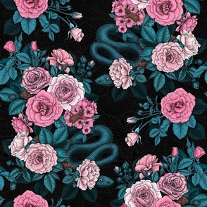 Hidden in the roses, pink and blue  on black, 18"