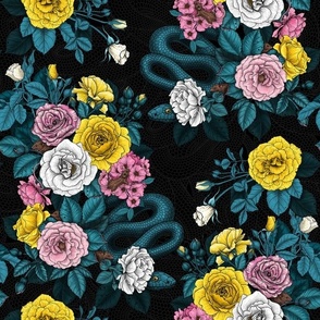 Hidden in the roses, pink, yellow, white and teal