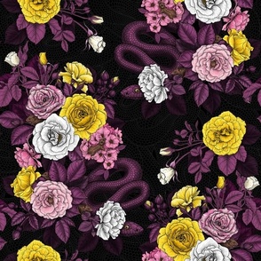 Hidden in the roses, pink, yellow, white and dark magenta, moody florals, snakes and mice