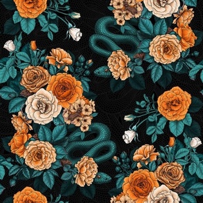 Hidden in the roses, orange, teal, black