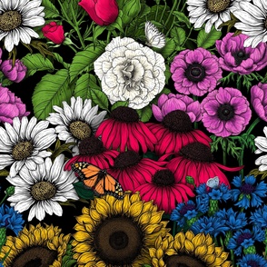Garden bedding- Collection of various garden flowers- red roses, anemone, daisies, sunflowers, coneflowers amd cornflowers and butterflies