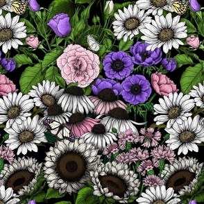 Garden bedding- Collection of various garden flowers- roses, purple anemone, white daisies, sunflowers, pink coneflowers and cornflowers and butterflies, green leaves