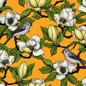 Blooming yellow magnolia and titmouse bird, green leaves on orange. Beautiful botanical design with birds.