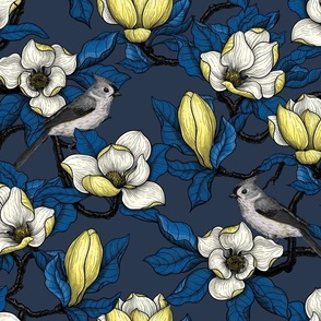 Blooming yellow magnolia and titmouse bird, blue leaves on dark blue. Beautiful botanical design with birds.