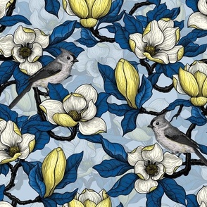 Blooming yellow magnolia and titmouse bird, blue leaves on light blue background with transparent pattern  layer . Beautiful botanical design with birds.