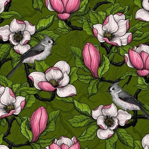 Blooming pink magnolia and titmouse bird, green leaves on dark green. Background layer with dark shade linework drawing. Beautiful botanical design with birds.